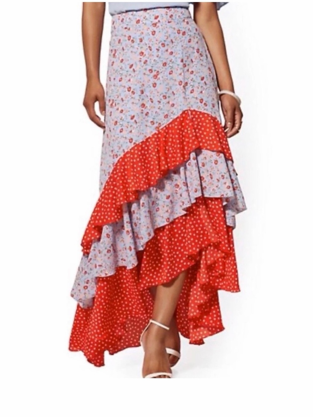 New York & Company Light Blue Red Polka Dots Floral-Trim Asymmetrical Skirt
